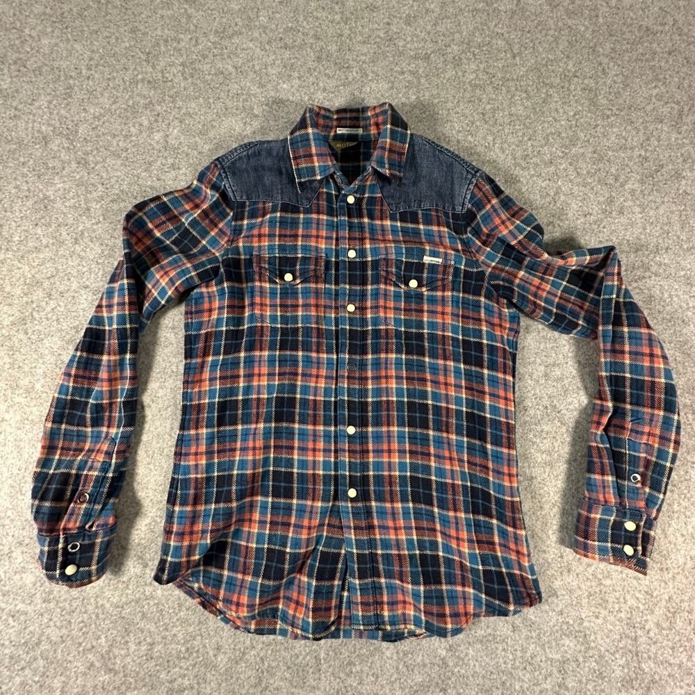Mother Denim Plaid Flannel Western Shirt Womens Small Blue Orange Snaps Missing